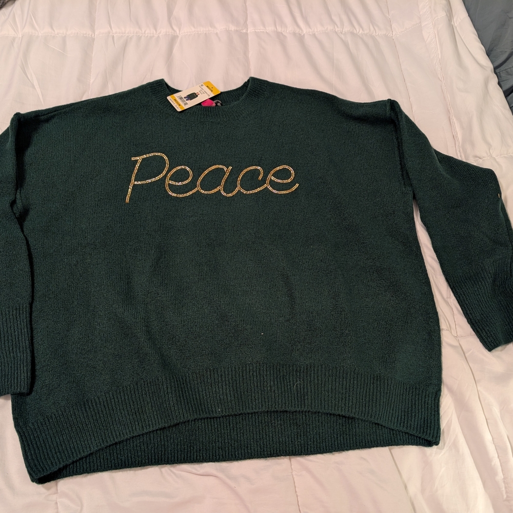 Christmas Vince Camuto Dark Green Sweater with Gold 'Peace' Embroidery